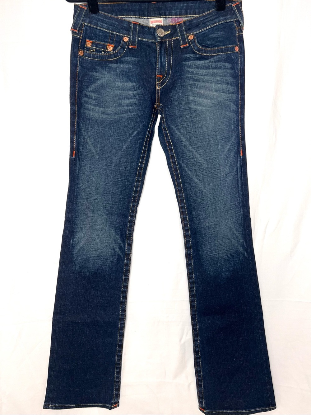 True Religion Women's Dark Indigo Boot Cut Jeans with Orange Stitching